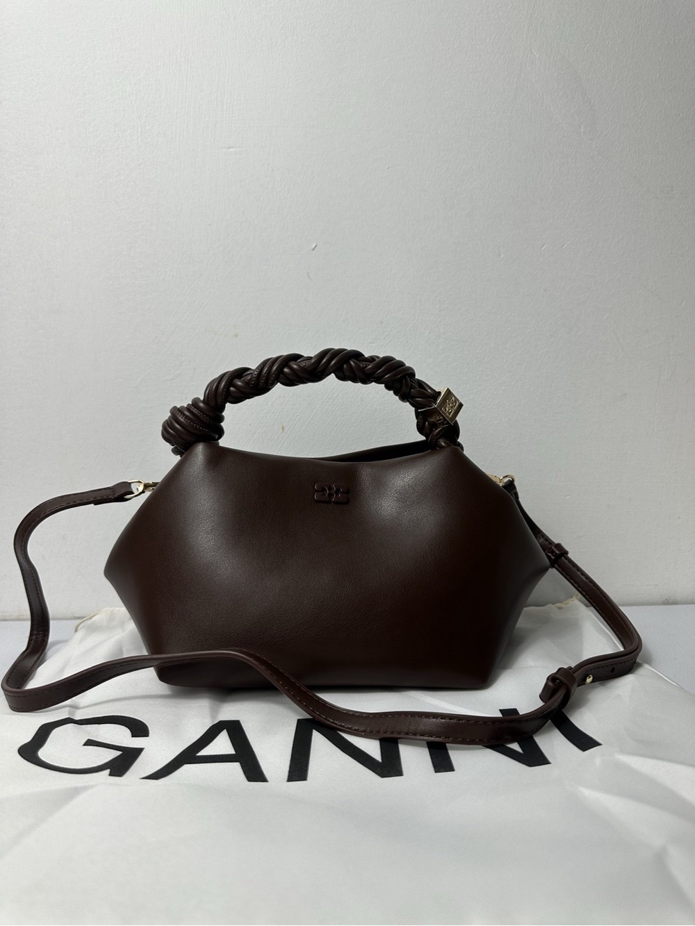 Ganni Dark Brown Leather Braided-Handle Shoulder Bag